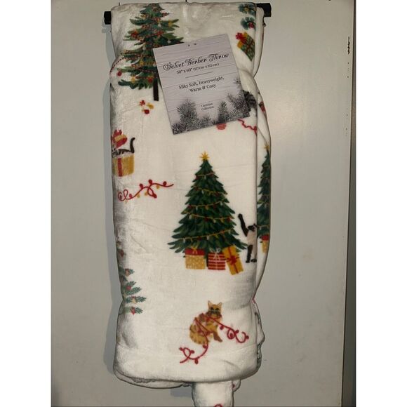 Christmas Cats presents Luxury velvet Berber Plush Throw Blanket Christmas tree - Picture 1 of 4
